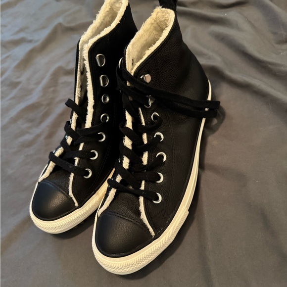 Converse Black Leather High-Tops with White Trim - Picture 1 of 6